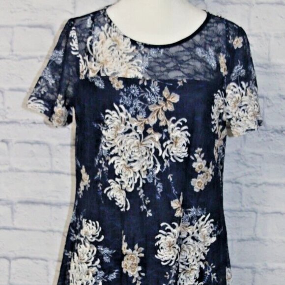 Roz & Ali Dresses & Skirts - Roz &Ali Women's Dress Size Petite L Navy Blue With Floral Pattern